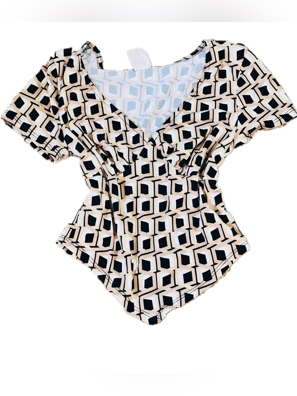 Beige Geometric V-Neck Women's Top